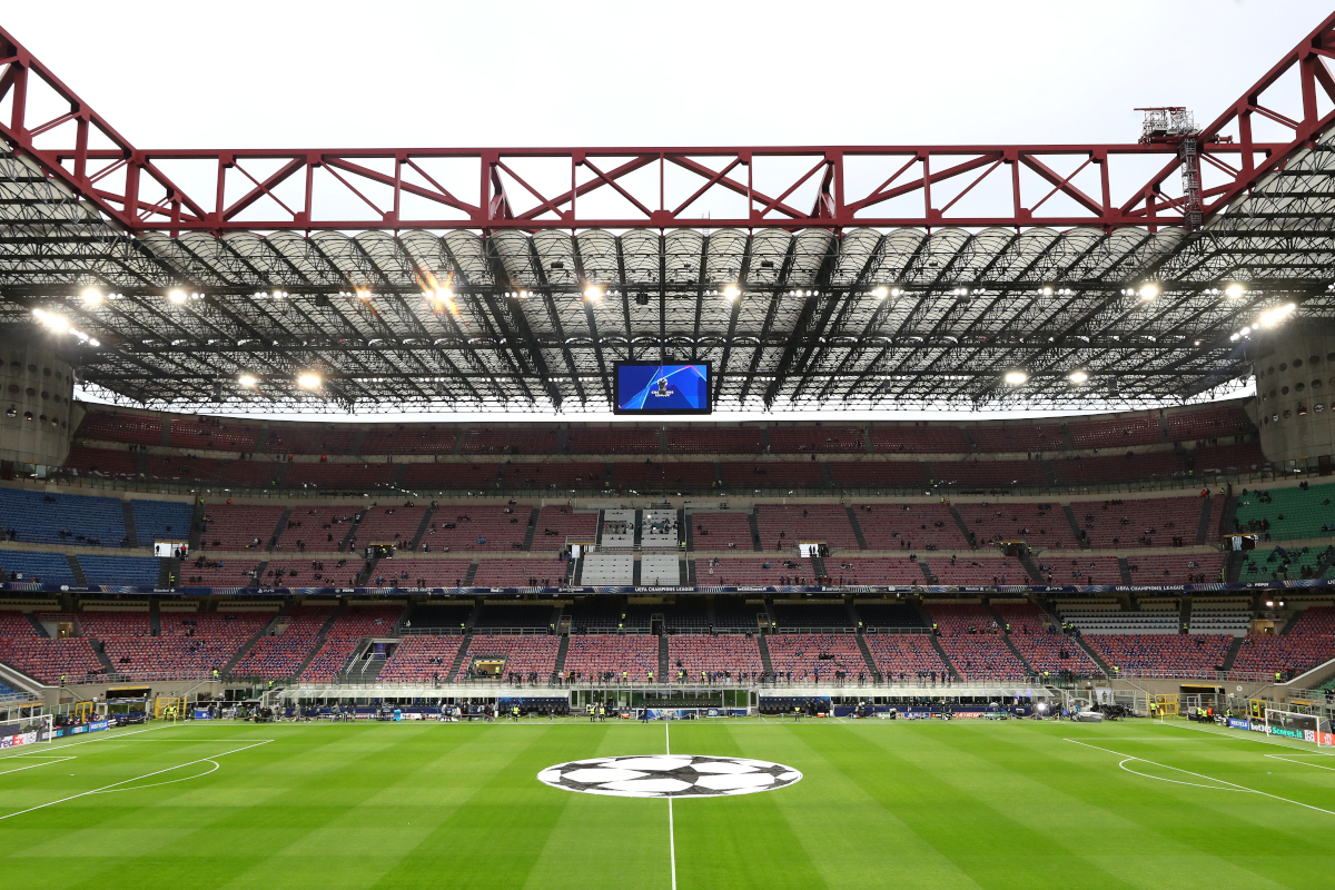 MILAN, ITALY - APRIL 16: A general view inside the stadium prior to the UEFA Champions League 2024/25 Quarter Final Second Leg match between FC Internazionale Milano and FC Bayern München at San Siro on April 16, 2025 in Milan, Italy. (Photo by Marco Luzzani/Getty Images)
