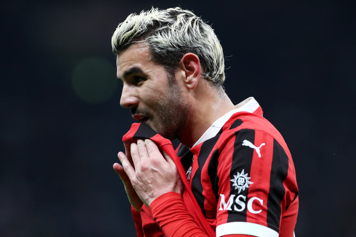 MILAN, ITALY - APRIL 02: Theo Hernandez of AC Milan reacts during the Coppa Italia Semi Final match between AC Milan and FC Internazionale at Stadio Giuseppe Meazza on April 02, 2025 in Milan, Italy. (Photo by Marco Luzzani/Getty Images)