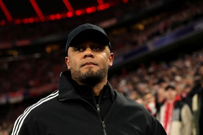 MUNICH, GERMANY - APRIL 08: Vincent Kompany, Head Coach of Bayern Munich, looks on prior to the UEFA Champions League 2024/25 Quarter Final First Leg match between FC Bayern München and FC Internazionale Milano at Fussball Arena Muenchen on April 08, 2025 in Munich, Germany. (Photo by Alex Grimm/Getty Images)