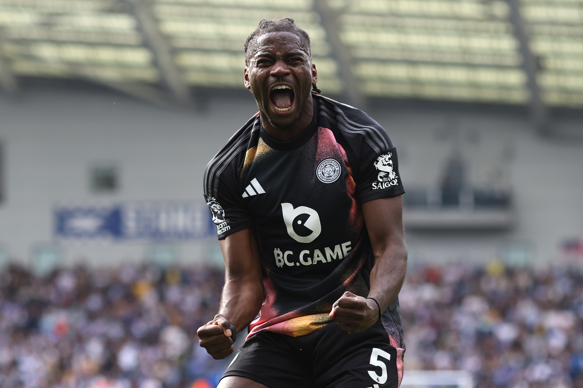 Italy international Caleb Okoli of Leicester City celebrates scoring his team's second goal during the Premier League match between Brighton & Hove Albion FC and Leicester City FC at Amex Stadium on April 12, 2025 in Brighton, England. (Photo by Charlie Crowhurst/Getty Images)
