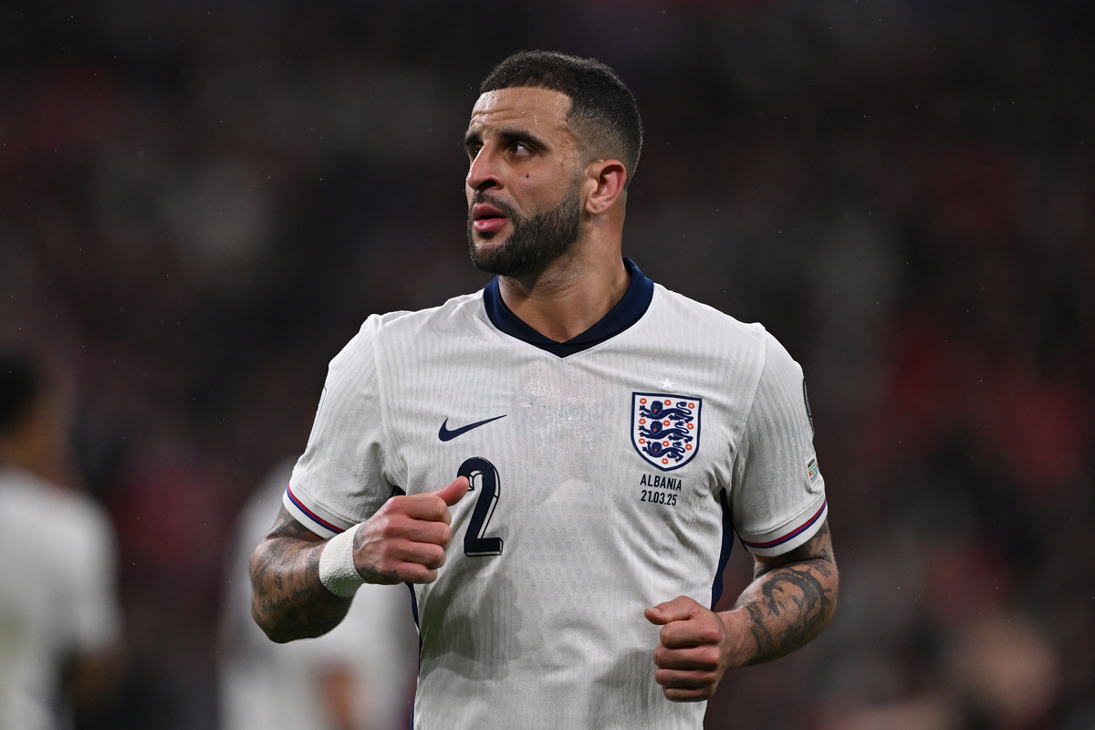 LONDON, ENGLAND - MARCH 21: Kyle Walker of England looks on during the FIFA World Cup 2026 European Qualifier between England and Albania at Wembley Stadium on March 21, 2025 in London, England. (Photo by Mike Hewitt/Getty Images)