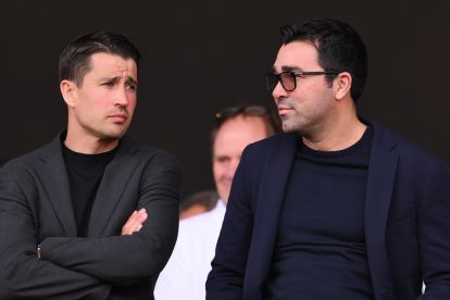 BARCELONA, SPAIN - MAY 19: FC Barcelona football Coordinator Bojan Krkic and FC Barcelona Sports Director Deco look on from the stands during the LaLiga EA Sports match between FC Barcelona and Rayo Vallecano at Estadi Olimpic Lluis Companys on May 19, 2024 in Barcelona, Spain. (Photo by David Ramos/Getty Images)