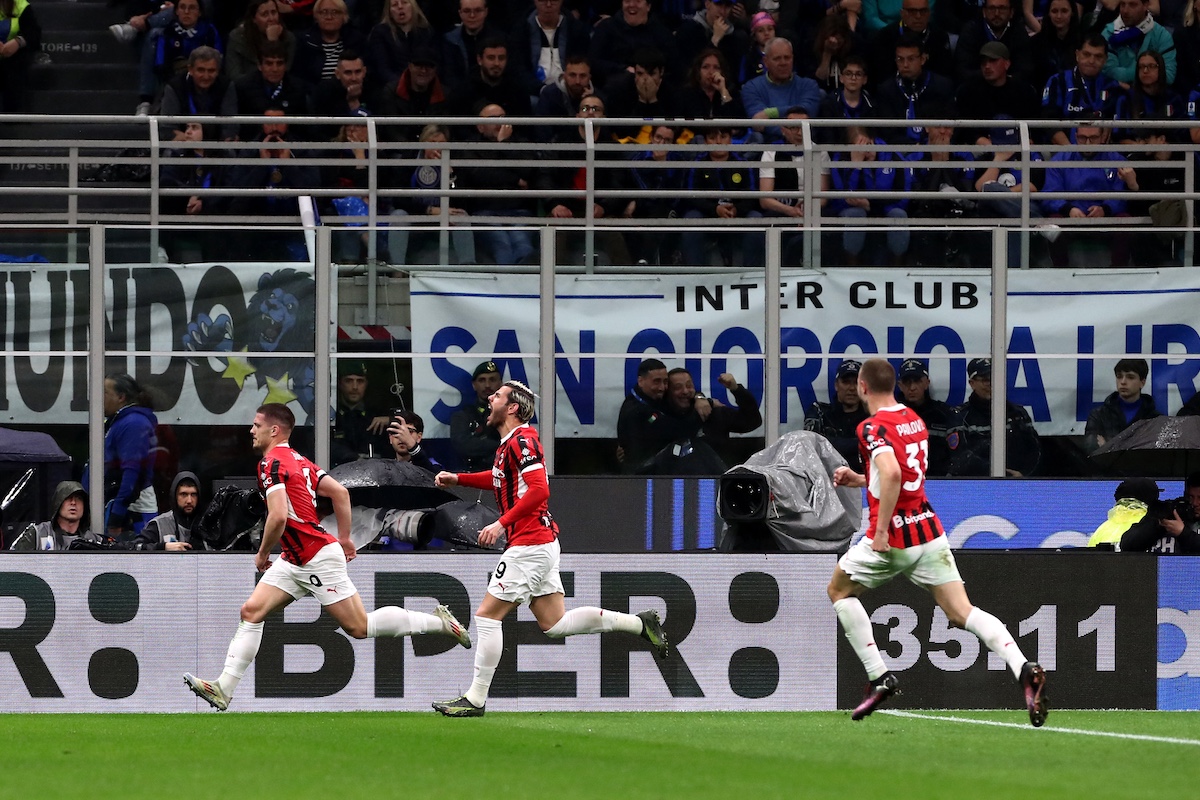 MILAN, ITALY - APRIL 23: Luka Jovic of AC Milan celebrates scoring his team's first goal during the coppa Italia Semi Final match between FC Internazionale and AC Milan at Stadio Giuseppe Meazza on April 23, 2025 in Milan, Italy. (Photo by Marco Luzzani/Getty Images)