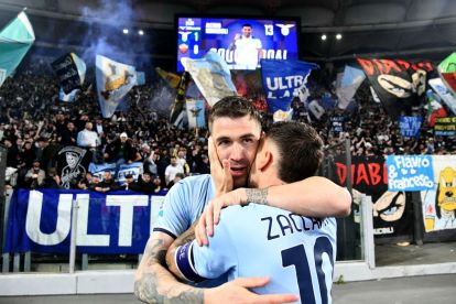 ROME, ITALY - APRIL 13: Alessio Romagnoli of SS Lazio celebrates a opening goal during the Serie A match between Lazio and Roma at Stadio Olimpico on April 13, 2025 in Rome, Italy. (Photo by Marco Rosi - SS Lazio/Getty Images)