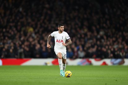 LONDON, ENGLAND - DECEMBER 07: Cristian Romero of Tottenham Hotspur controls the ball during the Premier League match between Tottenham Hotspur and West Ham United at Tottenham Hotspur Stadium on December 07, 2023 in London, England. (Photo by Ryan Pierse/Getty Images)