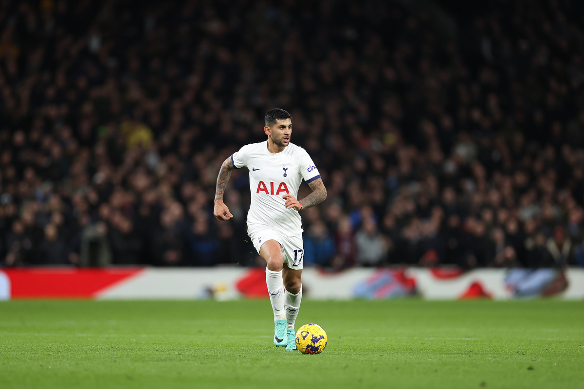 LONDON, ENGLAND - DECEMBER 07: Cristian Romero of Tottenham Hotspur controls the ball during the Premier League match between Tottenham Hotspur and West Ham United at Tottenham Hotspur Stadium on December 07, 2023 in London, England. (Photo by Ryan Pierse/Getty Images)