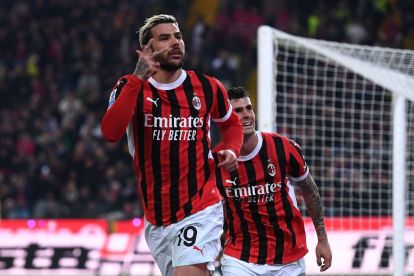 UDINE, ITALY - APRIL 11: Theo Hernández of AC Milan celebrates after scoring his team's third goal during the Serie A match between Udinese and AC Milan at Stadio Friuli on April 11, 2025 in Udine, Italy. (Photo by Alessandro Sabattini/Getty Images)