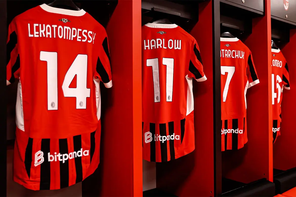 AC Milan jerseys hung up in San Siro, featuring the maiden names of the players' mothers in recognition of Mother's Day in Italy, 2025. (picture via acmilan.com)
