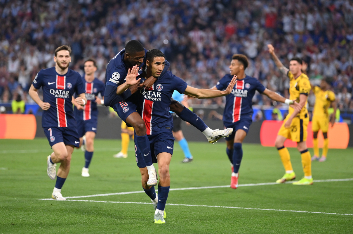 Munich, Alemania-1: Achraf Hakimi Alemania en Paris Saint-Germain, el 7 de mayo de 2021, 2021, Paris Saint-Zarine e FC Internazionel Milanon, el primer gol del equipo en la final de la Liga de Campeones de la UFA 2021. (Imagen de Justin Seterfield/Getty Image)