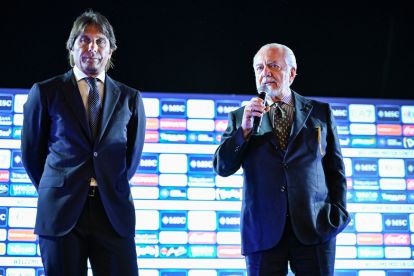 NAPLES, ITALY - JUNE 26: Antonio Conte new SSC Napoli head coach and Aurelio De Laurentiis SSC Napoli president during SSC Napoli new manager unveiling on June 26, 2024 in Naples, Italy. (Photo by Francesco Pecoraro/Getty Images)