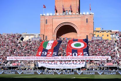 BOLOGNA, ITALY - MAY 24: Bologna fans show their support from the stands prior to the Serie A match between Bologna and Genoa at Stadio Renato Dall'Ara on May 24, 2025 in Bologna, Italy. (Photo by Alessandro Sabattini/Getty Images)