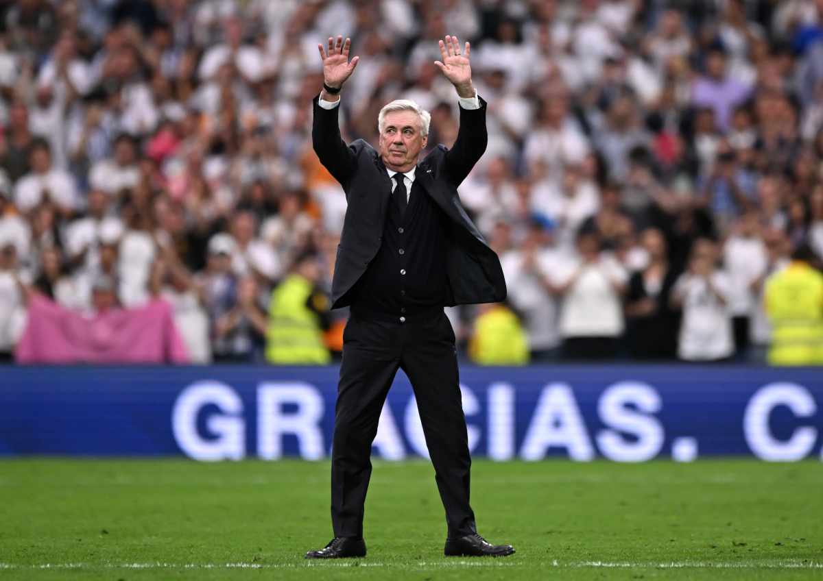 MADRID, SPAIN - MAY 24: Carlo Ancelotti, Head Coach of Real Madrid, shows appreciation to the fans following the LaLiga match between Real Madrid CF and Real Sociedad at Estadio Santiago Bernabeu on May 24, 2025 in Madrid, Spain. (Photo by Denis Doyle/Getty Images)