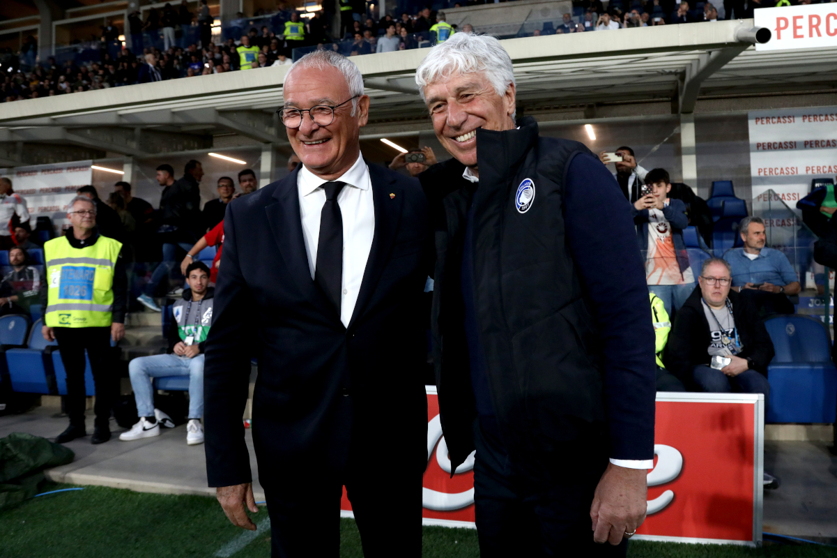 BERGAMO, ITALY - MAY 12: Claudio Ranieri, Head Coach of AS Roma and Gian Piero Gasperini, Head Coach of Atalanta, pose for a photo prior to the Serie A match between Atalanta and AS Roma at Gewiss Stadium on May 12, 2025 in Bergamo, Italy. (Photo by Marco Luzzani/Getty Images)