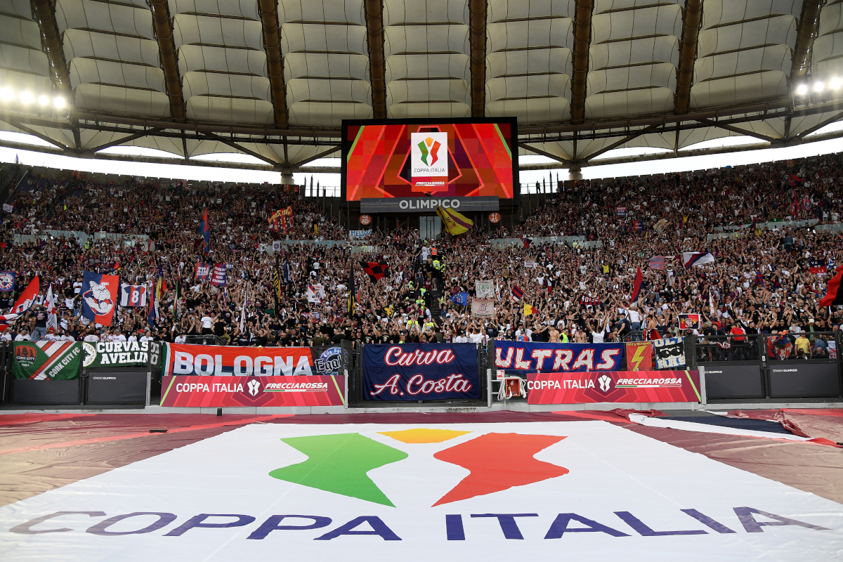 ROME, ITALY - MAY 14: General view inside the stadium as fans of Bologna show their support prior to the Coppa Italia Final match between AC Milan and Bologna at Stadio Olimpico on May 14, 2025 in Rome, Italy. (Photo by Marco Rosi/Getty Images)