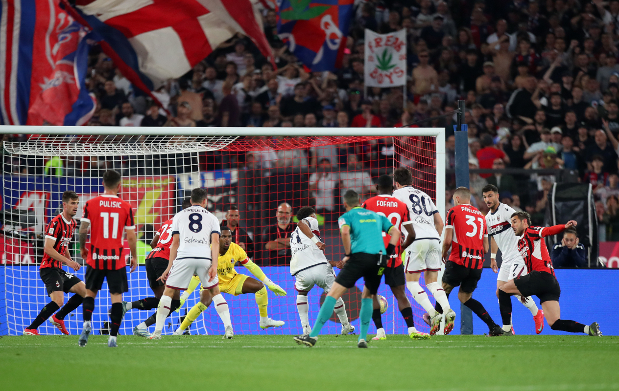 ROME, ITALY - MAY 14: Dan Ndoye of Bologna scores his team's first goal during the Coppa Italia Final match between AC Milan and Bologna at Stadio Olimpico on May 14, 2025 in Rome, Italy. (Photo by Paolo Bruno/Getty Images)