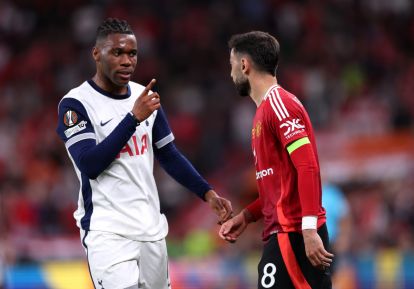 BILBAO, SPAIN - MAY 21: Destiny Udogie of Tottenham Hotspur reacts towards Bruno Fernandes of Manchester United during the UEFA Europa League Final 2025 between Tottenham Hotspur and Manchester United at Estadio de San Mames on May 21, 2025 in Bilbao, Spain. (Photo by Michael Steele/Getty Images) (Milan links)