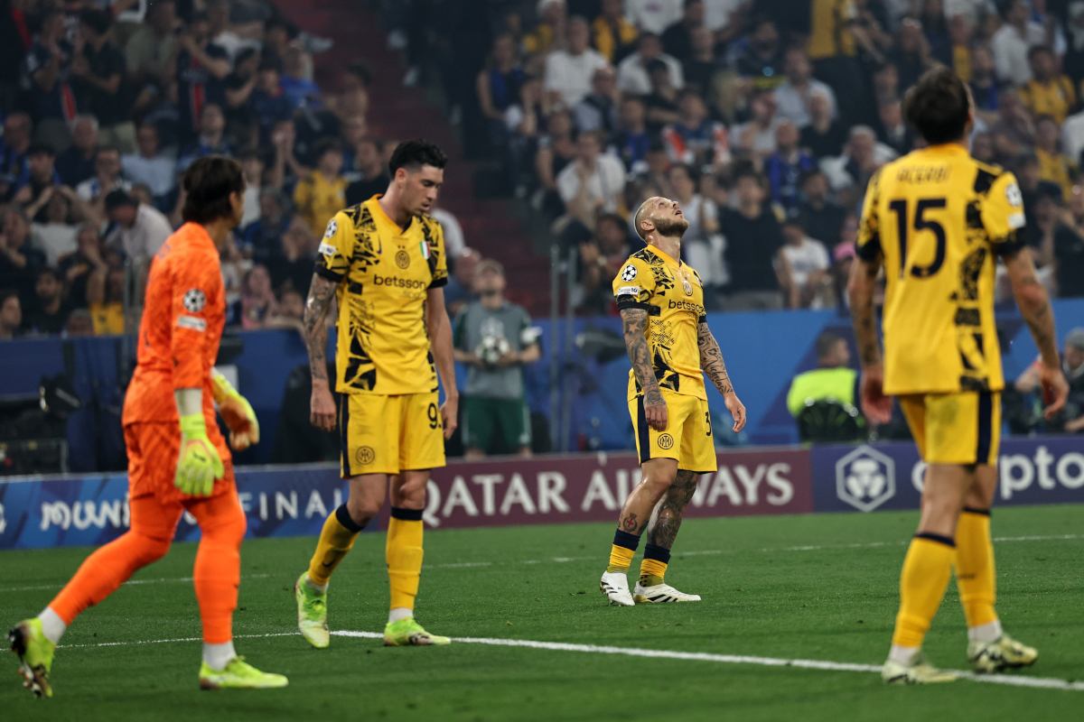 EPA12147916 (LR) Tarmeraal, Alesandro Bastoni, Federico DiMarco a Francesco Germabi a Interico Germain a Internazione Milano v Münch, Nemecko 31. mája 2025.