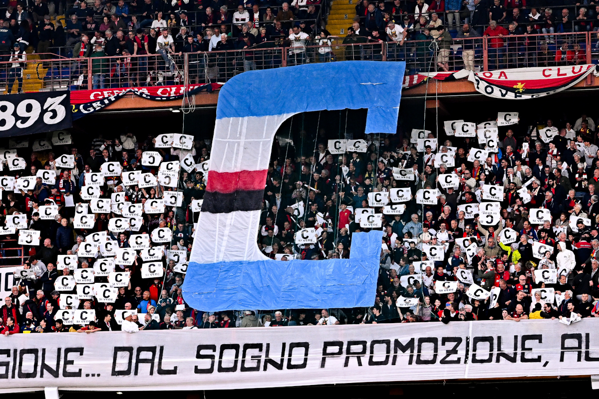 GENOA, ITALY - MAY 17: Genoa fans celebrate Sampdoria's relegation to Serie C, Italian third tier, prior to kick-off in the Serie A match between Genoa and Atalanta at Stadio Luigi Ferraris on May 17, 2025 in Genoa, Italy. (Photo by Simone Arveda/Getty Images)