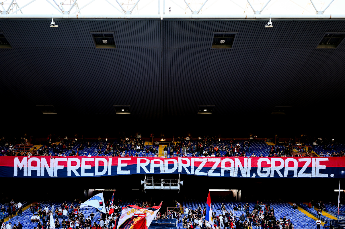 GENOA, ITALY - MAY 17: Genoa fans dedicate a banner ("Manfredi and Radrizzani, thank you") to Matteo Manfredi, chairman of Sampdoria, and Andrea Radrizzani, former owner of Sampdoria, to celebrate their club's relegation to Serie C, Italian third tier, prior to kick-off in the Serie A match between Genoa and Atalanta at Stadio Luigi Ferraris on May 17, 2025 in Genoa, Italy. (Photo by Simone Arveda/Getty Images)