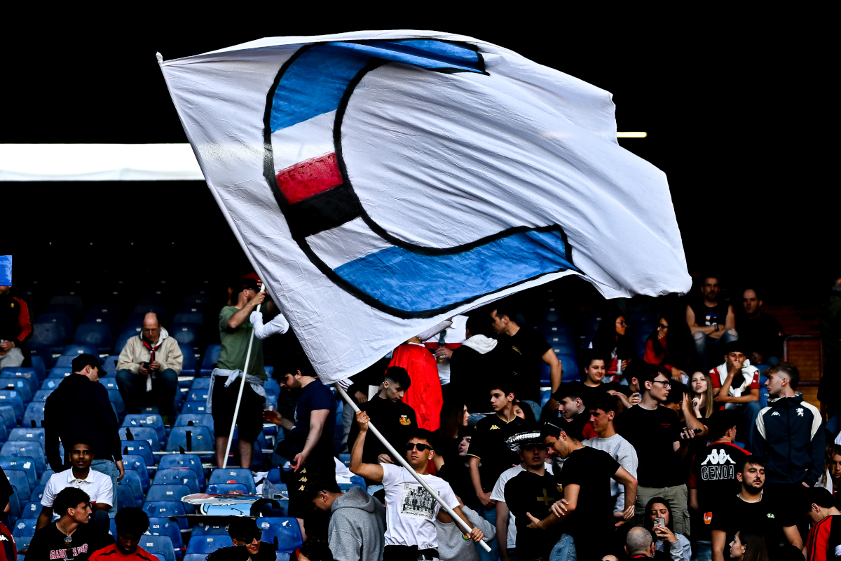 GENOA, ITALY - MAY 17: Genoa fans celebrate Sampdoria's relegation to Serie C, Italian third tier, prior to kick-off in the Serie A match between Genoa and Atalanta at Stadio Luigi Ferraris on May 17, 2025 in Genoa, Italy. (Photo by Simone Arveda/Getty Images)