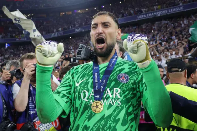 epa12148313 Goalkeeper Gianluigi Donnarumma of PSG celebrates after winning the UEFA Champions League final between Paris Saint-Germain and Internazionale Milano, in Munich, Germany 31 May 2025. EPA-EFE/CHRISTOPHER NEUNDORF