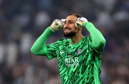 MUNICH, GERMANY - MAY 31: Gianluigi Donnarumma of Paris Saint-Germain celebrates after Desire Doue of Paris Saint-Germain (not pictured) scores his team's second goal during the UEFA Champions League Final 2025 between Paris Saint-Germain and FC Internazionale Milano at Munich Football Arena on May 31, 2025 in Munich, Germany. (Photo by Lars Baron/Getty Images)