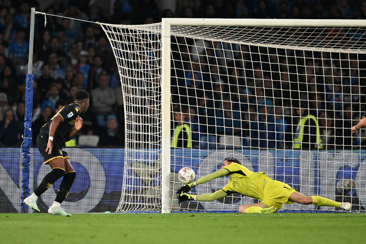 Naples, Italy - May 11: Genoa's honest Ahanor scores his first goal for the side during the Serie A match between Napoli and Genoa at the Stadio Diego Armando Maradona held in Naples, Italy on May 11, 2025. (Photo: Francesco Pecoraro/Getty Images)