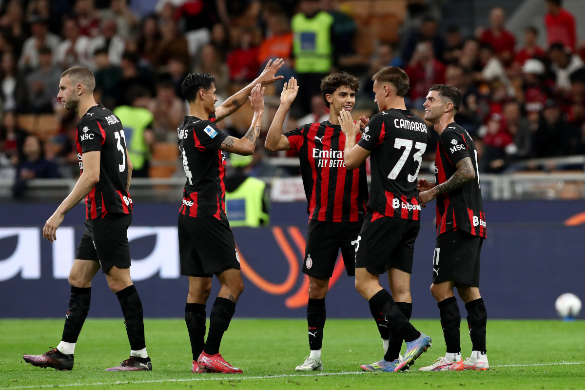 Joao Felix of AC Milan celebrates scoring his team's second goal with team mates Tijjani Reijnders, Francesco Camarda and Christian Pulisic during the Serie A match between AC Milan and Monza at Stadio Giuseppe Meazza on May 24, 2025 in Milan, Italy. (Photo by Marco Luzzani/Getty Images)