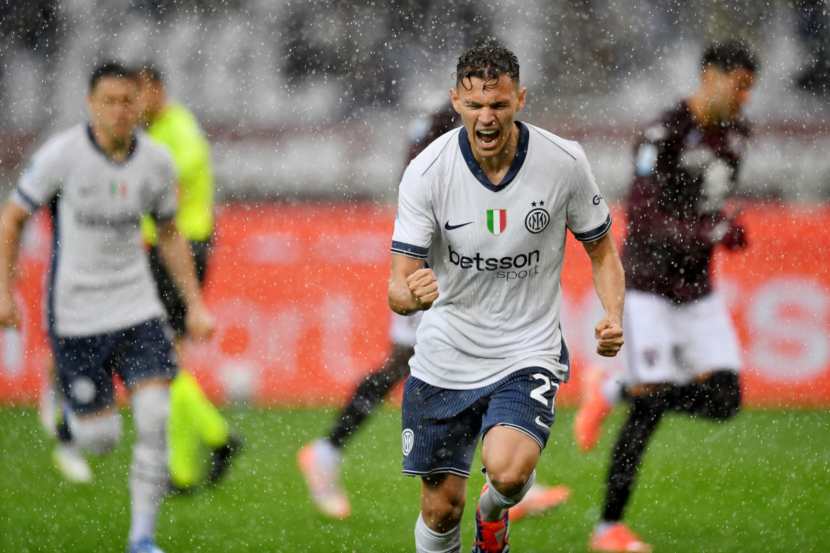 Turin, Italy - May 11: FC Internazionale's Kristjan Asllani scored the team's second goal in a Serie A match between Torino and FC Internazionale at the Stadio Olimpico Di Torino held in Turin, Italy on May 11, 2025. (Photo: Valerio Pennicino/Getty Images)