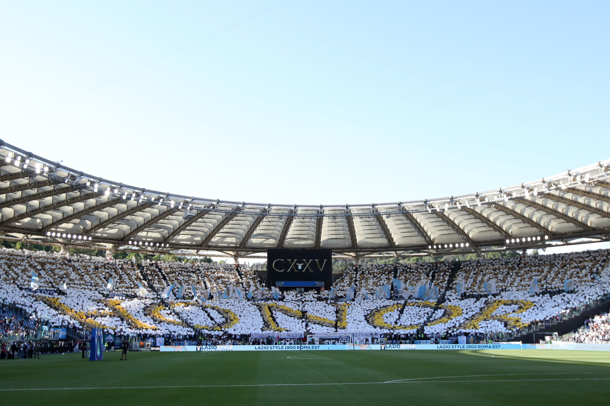 ROME, ITALY - MAY 10: Fans of Lazio display a Tifo prior to the Serie A match between SS Lazio and Juventus at Stadio Olimpico on May 10, 2025 in Rome, Italy. (Photo by Paolo Bruno/Getty Images)