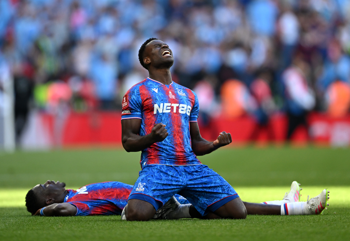LONDON, ENGLAND - MAY 17: Marc Guehi and Ismaila Sarr of Crystal Palace celebrate victory following the Emirates FA Cup Final match between Crystal Palace and Manchester City at Wembley Stadium on May 17, 2025 in London, England. (Photo by Shaun Botterill/Getty Images)