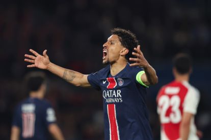 PARIS, FRANCE - MAY 07: Marquinhos of Paris Saint-Germain encourages the fans during the UEFA Champions League 2024/25 Semi Final Second Leg match between Paris Saint-Germain and Arsenal FC at Parc des Princes on May 07, 2025 in Paris, France. (Photo by Richard Heathcote/Getty Images)