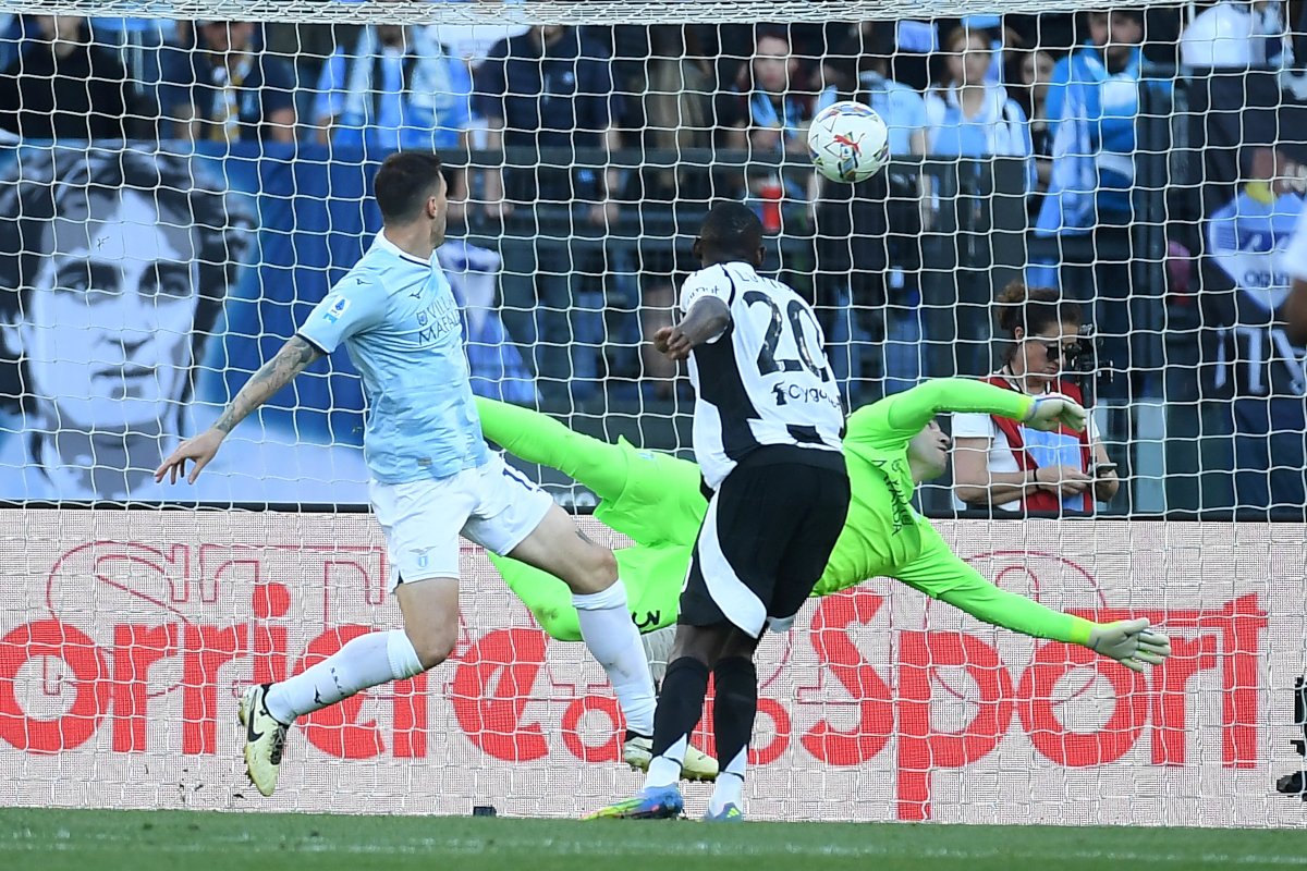 ROME, ITALY - MAY 10: Randal Kolo Muani of Juventus scores an opening goal during the Serie A match between Lazio and Juventus at Stadio Olimpico on May 10, 2025 in Rome, Italy. (Photo by Marco Rosi - SS Lazio/Getty Images)