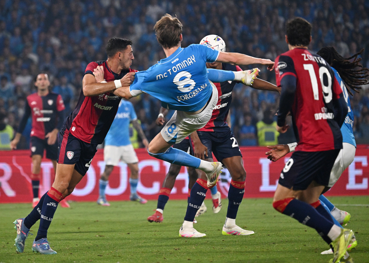 NAPLES, ITALY - MAY 23: Scott McTominay of Napoli scores his team's first goal during the Serie A match between Napoli and Cagliari at Stadio Diego Armando Maradona on May 23, 2025 in Naples, Italy. (Photo by Francesco Pecoraro/Getty Images)