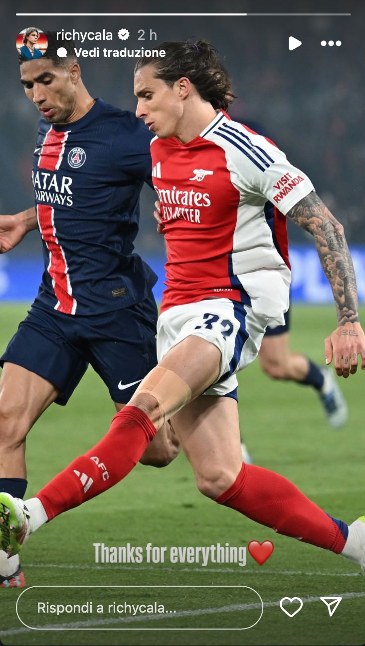 Calafiori IG story after PSG Arsenal