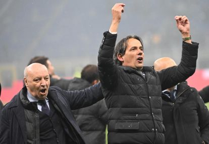 epa11294807 Inter's coach Simone Inzaghi (R) and CEO Giuseppe Marotta celebrate after winning the Italian Serie A soccer match between AC Milan and FC Inter, in Milan, 22 April 2024. EPA-EFE/DANIEL DAL ZENNARO