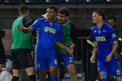 EMPOLI, ITALY - MAY 10: Tino Anjorin of Empoli FC celebrates after scoring a goal during the Serie A match between Empoli and Parma at Stadio Carlo Castellani on May 10, 2025 in Empoli, Italy. (Photo by Gabriele Maltinti/Getty Images)