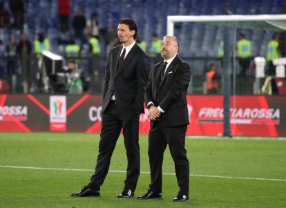 ROME, ITALY - MAY 14: Zlatan Ibrahimovic, Football Advisor at AC Milan, looks on after the team's defeat in the Coppa Italia Final match between AC Milan and Bologna at Stadio Olimpico on May 14, 2025 in Rome, Italy. (Photo by Paolo Bruno/Getty Images)