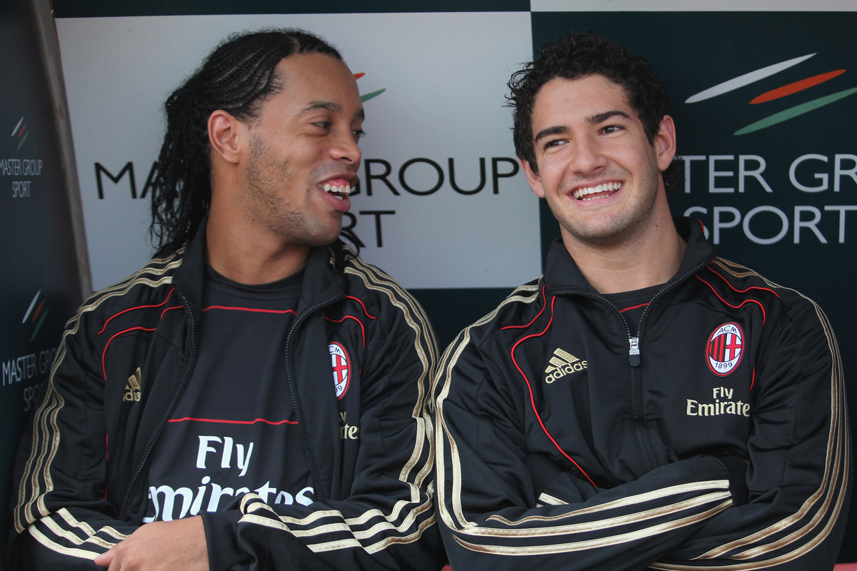 BARI, ITALY - NOVEMBER 07: Ronaldinho (L) and Alexandre Pato of Milan after the Serie A match between Bari and Milan at Stadio San Nicola on November 7, 2010 in Bari, Italy. (Photo by Maurizio Lagana/Getty Images)