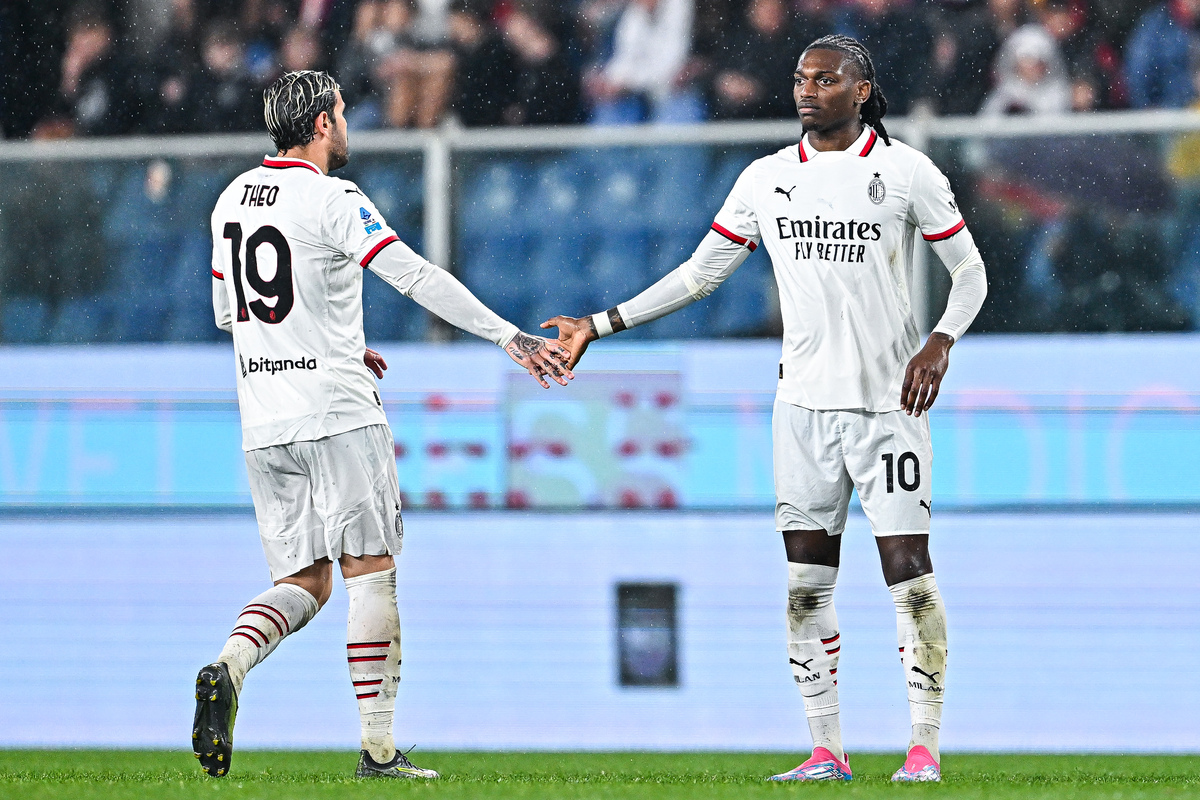 GENOA, ITALY - MAY 5: Rafael Leao of Milan (right) celebrates with his team-mate Theo Hernandez after scoring a goal during the Serie A match between Genoa and AC Milan at Stadio Luigi Ferraris on May 5, 2025 in Genoa, Italy. (Photo by Simone Arveda/Getty Images)
