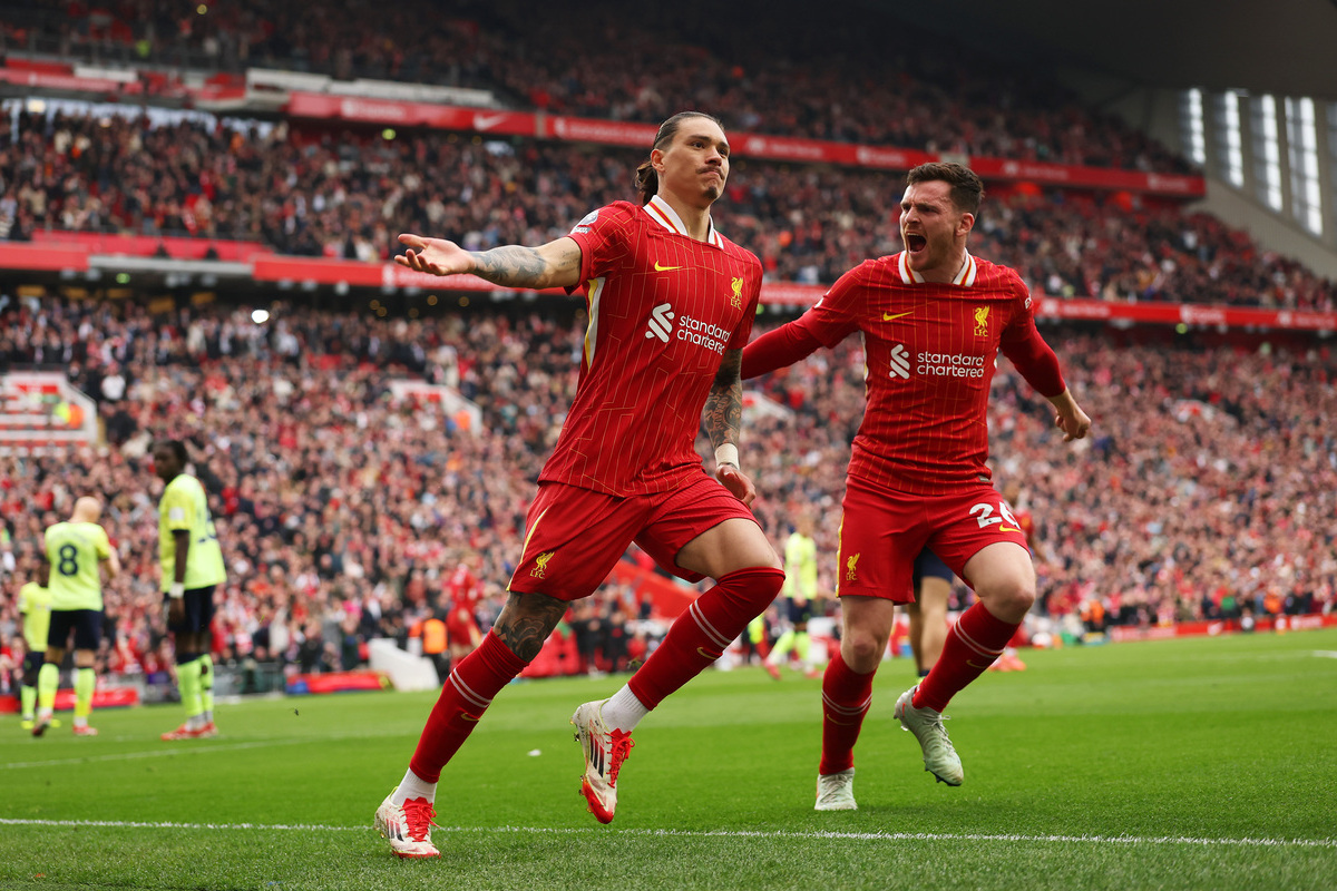 LIVERPOOL, ENGLAND - MARCH 08: Darwin Nunez of Liverpool celebrates scoring his team's first goal during the Premier League match between Liverpool FC and Southampton FC at Anfield on March 08, 2025 in Liverpool, England. (Photo by Carl Recine/Getty Images)