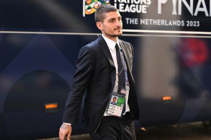 ENSCHEDE, NETHERLANDS - JUNE 15: Marco Verratti of Italy arrives before the UEFA Nations League 2022/23 semifinal match between Spain and Italy at FC Twente Stadium on June 15, 2023 in Enschede, Netherlands. (Photo by Claudio Villa/Getty Images)