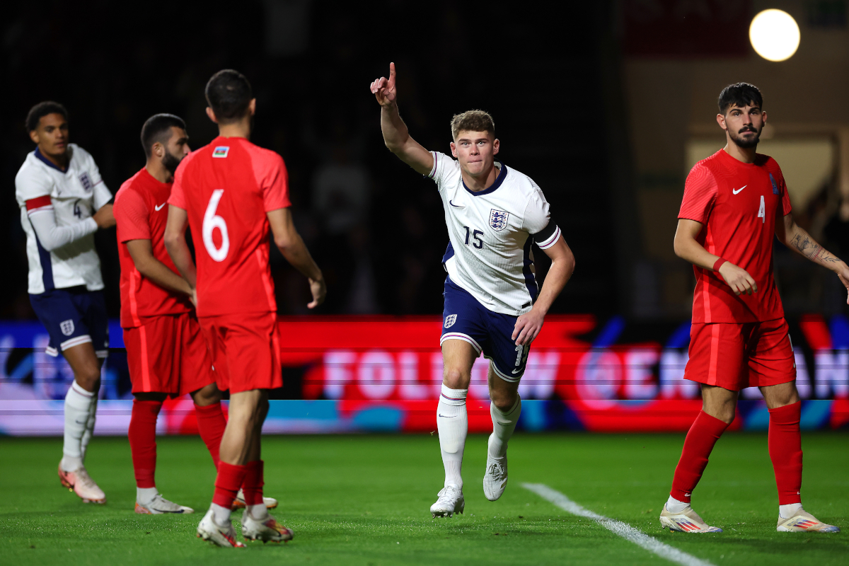 BRISTOL, ENGLAND - OCTOBER 15: Charlie Cresswell of England celebrates scoring his team's first goal during the UEFA U21 Euro 2025 Qualifier match between England and Azerbaijan at Ashton Gate on October 15, 2024 in Bristol, England. (Photo by Michael Steele/Getty Images)