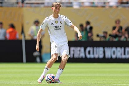 MIAMI GARDENS, FLORIDA - JUNE 18: Dean Huijsen #24 of Real Madrid C.F. controls the ball during the FIFA Club World Cup 2025 group H match between Real Madrid CF and Al Hilal at Hard Rock Stadium on June 18, 2025 in Miami Gardens, Florida. (Photo by Megan Briggs/Getty Images)