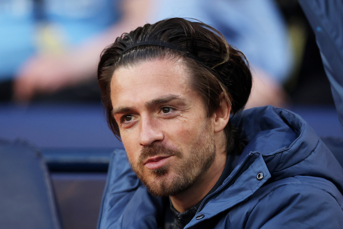 MANCHESTER, ENGLAND - APRIL 22: Jack Grealish of Manchester City looks on from the substitutes bench prior to the Premier League match between Manchester City FC and Aston Villa FC at Etihad Stadium on April 22, 2025 in Manchester, England. (Photo by Carl Recine/Getty Images)