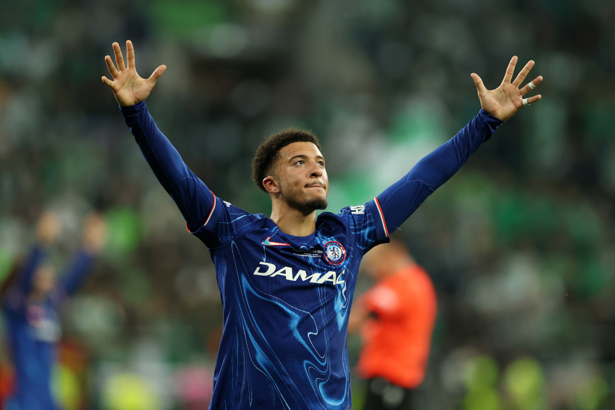 ROCLO, Poland - May 28: Chelsea's Jadon Sancho celebrates the team's victory full-time, following the final 2025 UEFA Conference League between Real Betis Baropy and Chelsea FC at Stadion RoCLO in Poland on May 28, 2025. (Photo by Richard Heathcote/Getty Images)