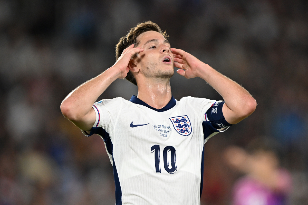BRATISLAVA, SLOVAKIA - JUNE 28: James McAtee of England reacts during the UEFA European Under-21 Championship 2025 Final match between England and Germany at National Football stadium on June 28, 2025 in Bratislava, Slovakia. (Photo by Christian Bruna/Getty Images)