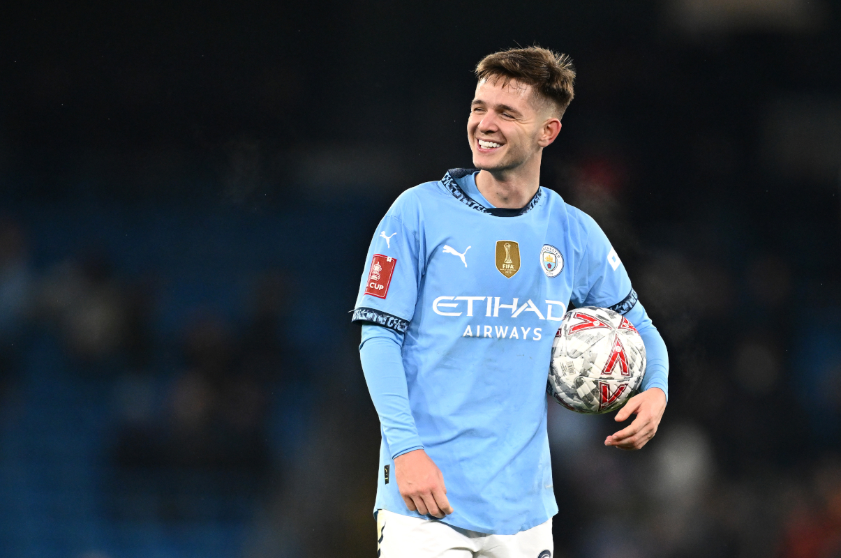  James McAtee of Manchester City holding the match ball following the Emirates FA Cup Third Round match between Manchester City and Salford City at Etihad Stadium on January 11, 2025 in Manchester, England. (Photo by Gareth Copley/Getty Images) (Atalanta links)