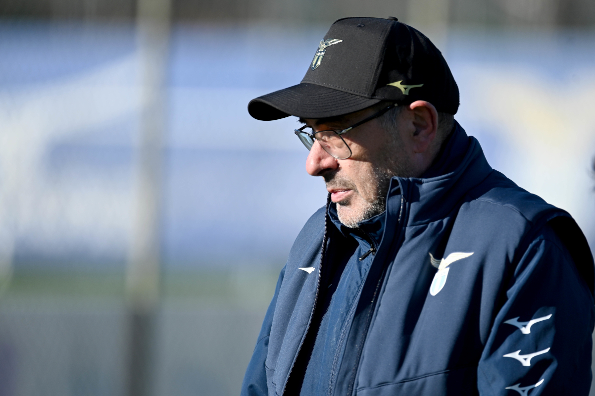 SS Lazio head coach Maurizio Sarri looks on during the SS Lazio training session ahead of their UEFA Champions League match against SS Lazio and Bayern Munchen at Formello sport centre on February 13, 2024 in Rome, Italy. (Photo by Marco Rosi - SS Lazio/Getty Images)