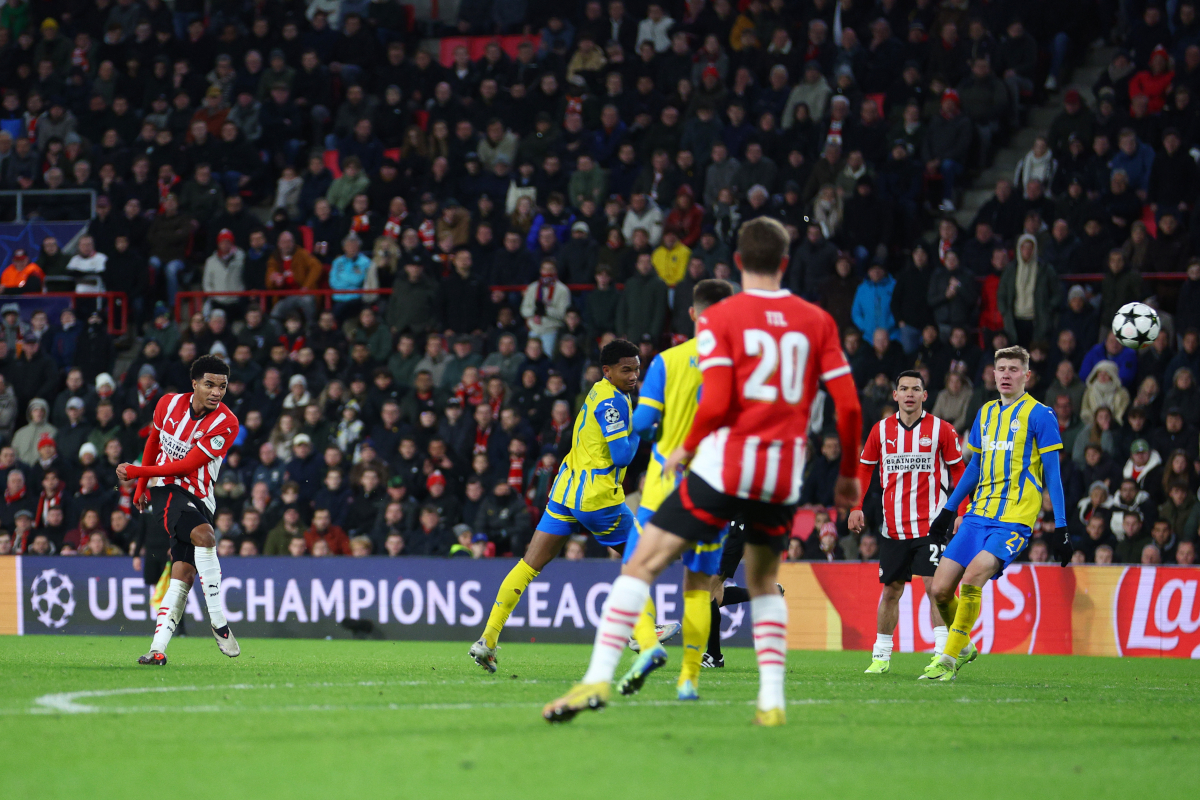 EINDHOVEN, NETHERLANDS - NOVEMBER 27: Malik Tillman of PSV Eindhoven scores his team's second goal during the UEFA Champions League 2024/25 League Phase MD5 match between PSV Eindhoven and FC Shakhtar Donetsk at PSV Stadion on November 27, 2024 in Eindhoven, Netherlands. (Photo by Dean Mouhtaropoulos/Getty Images)